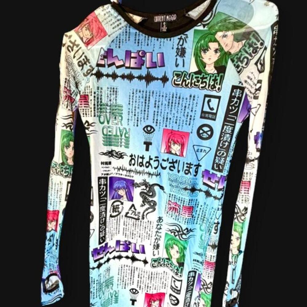🚨 Current Mood Anime Print Mesh Bodycon Dress Manga Newspaper Graphic Size S